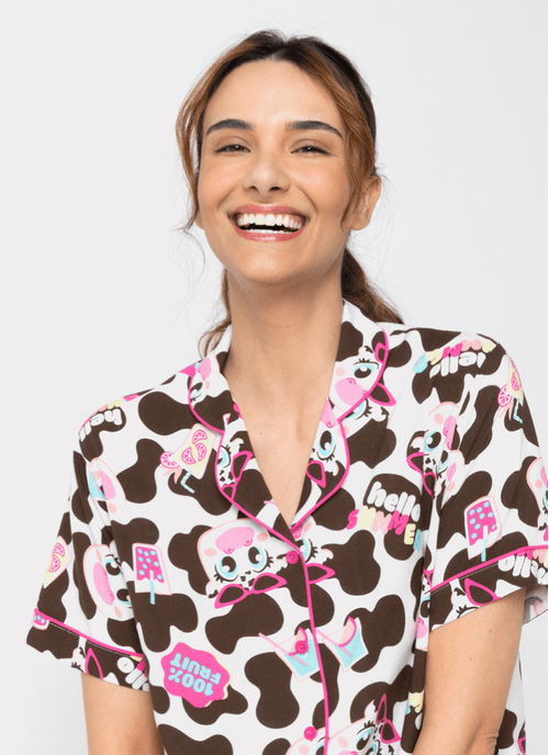 Pijama Manga Curta Viscose Feminino Vaca Summer
