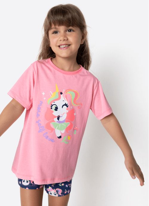 Pijama Manga Curta Algodão Menina Unicórnio Encantado