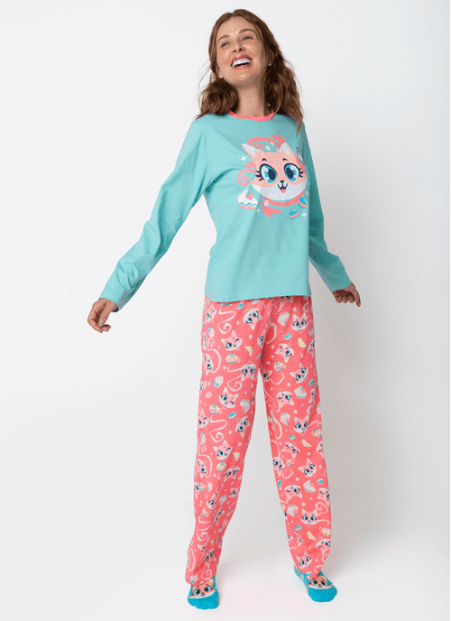 Pijama Manga Longa Algodão Feminino Raposa Confeiteira