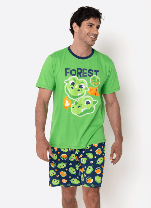 Pijama Manga Curta Algodão Masculino Dragão Camping
