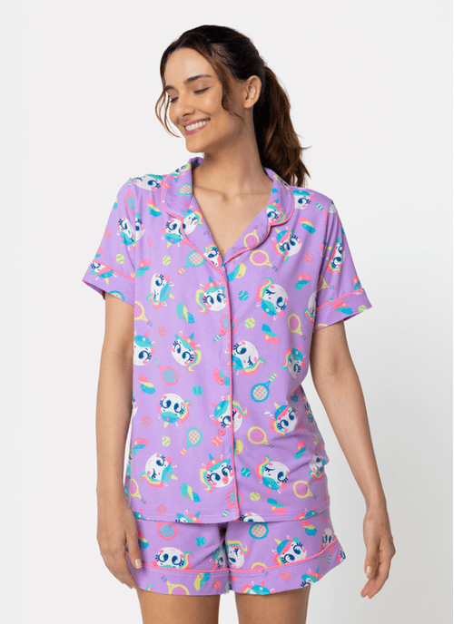 Pijama Manga Curta Viscose Feminino Unicórnio Tênis