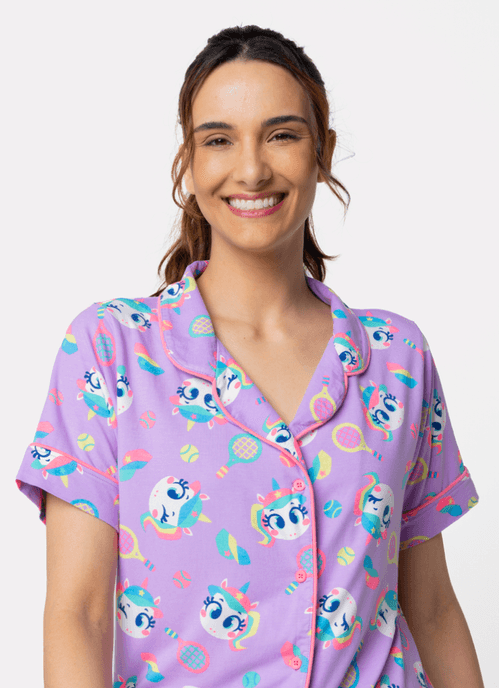 Pijama Manga Curta Viscose Feminino Unicórnio Tênis