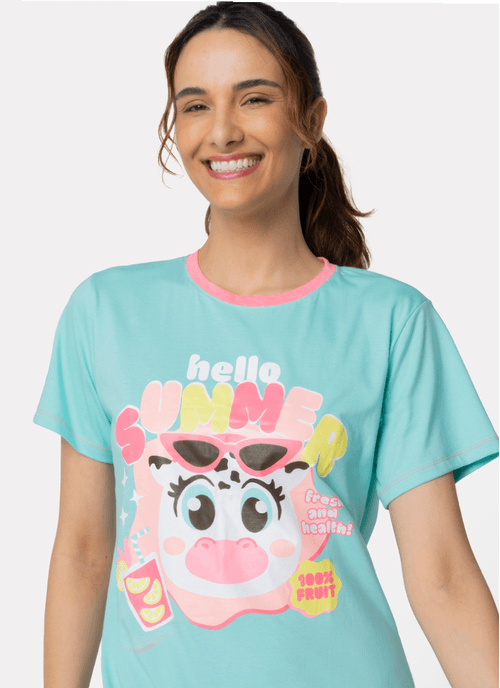 Camisola Manga Curta Algodão Feminina Vaca Summer