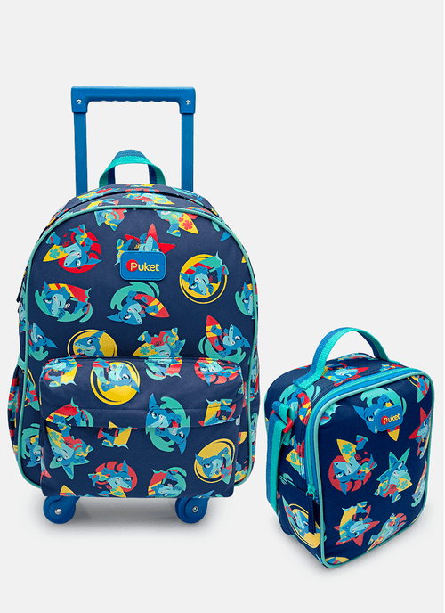 Kit Mochila com Rodinha e Lancheira Tubarão Aloha