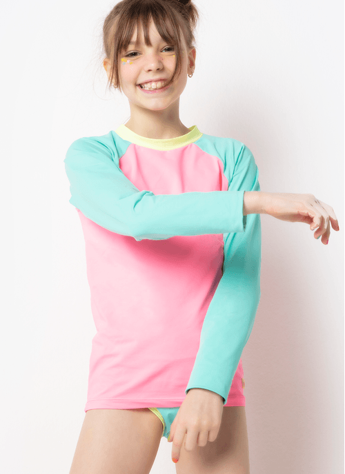 Camiseta Manga Longa Menina Color Block Rosa