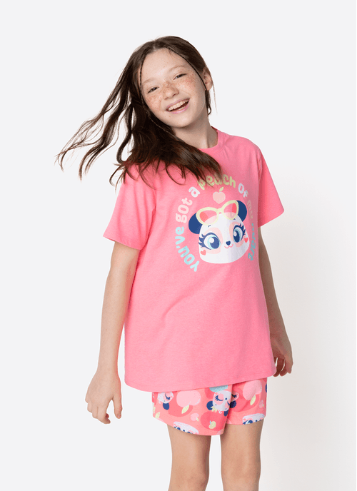Pijama Manga Curta Menina Teen Panda Romântico