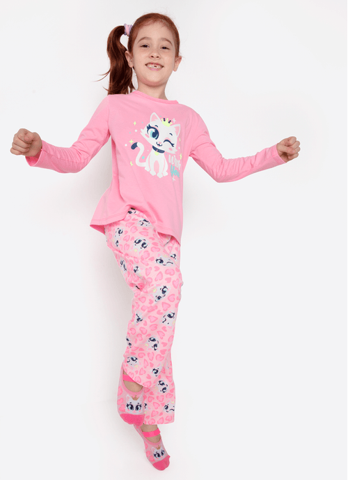 Pijama Manga Longa Menina Gata Romântica