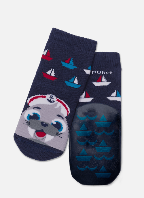 Meia Soquete com Sola Emborrachada Bebê Menino Foca Marinheira