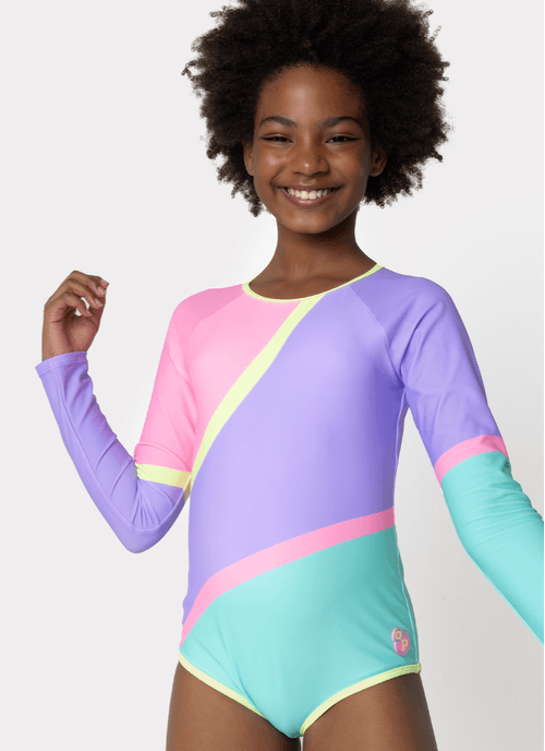Maiô Manga Longa com Proteção Solar Menina Teen Colorfull