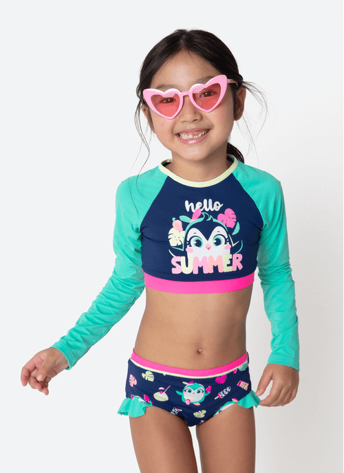 Conjunto Cropped e Calcinha com Proteção Solar Menina Pinguim