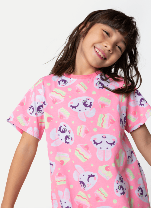Camisola Manga Curta Algodão Menina Coelha Romântica