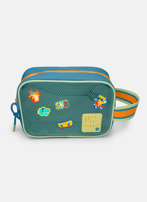 Necessaire Média Color Block Azul Petróleo e Laranja